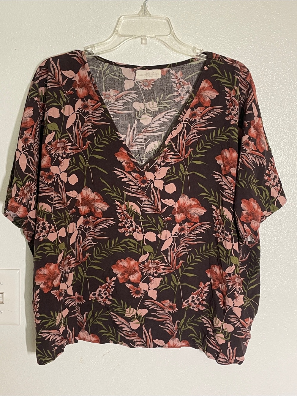 NATURAL LIFE Black Floral V-Neck Blouse with Pink & Green Accents